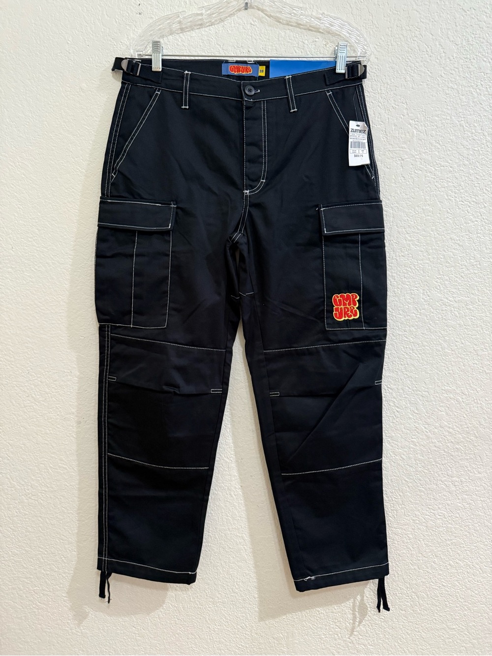 EMPRE Loose Fit Embroidered Black Cargo Pants Y2K Utility Streetwear Size 28